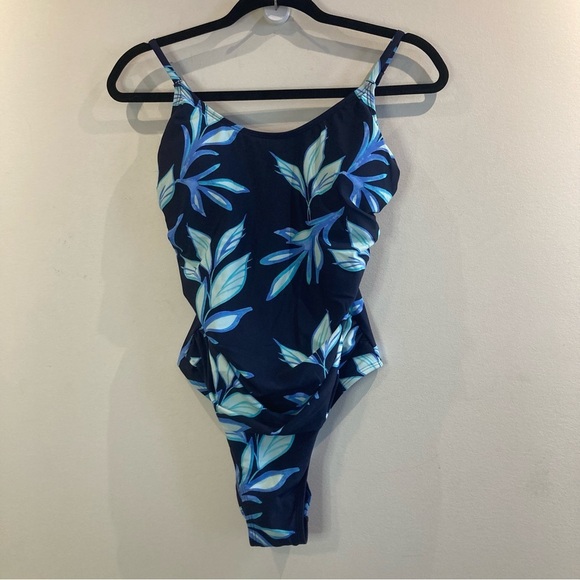 CUPSHE Sz M Tranquil Tropics Round Neckline Shirred One Piece Bathing suit NEW - Picture 4 of 13